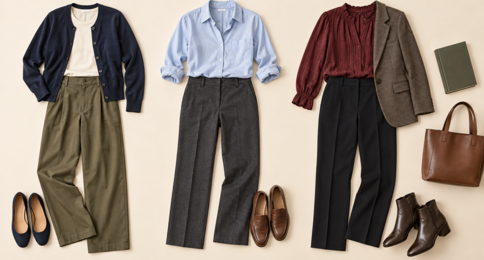 Three outfits featuring relaxed trousers, layered tops, flats, loafers and low ankle boots.
