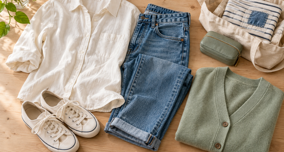 Ivory shirt, blue jeans, canvas shoes and sage cardigan beside a tote with a garment for a clothing repair workshop.