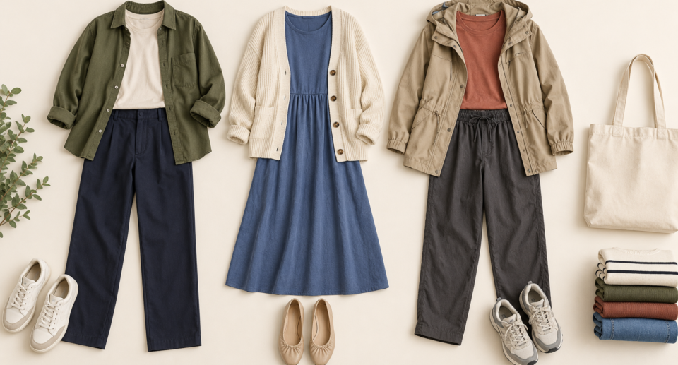 Three clothing-swap outfits with removable layers, comfortable shoes, a reusable tote and folded clothes.