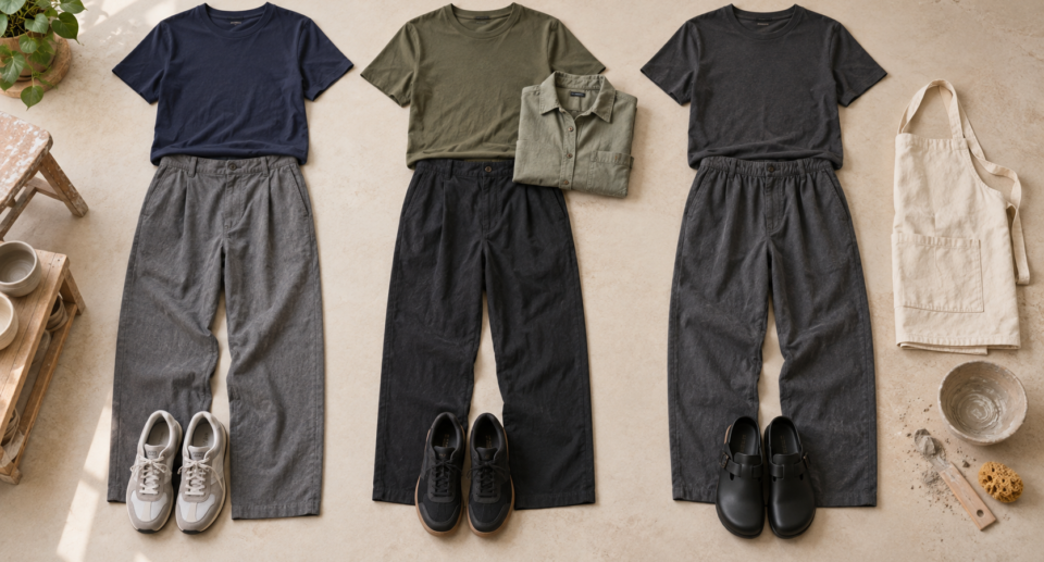 Three casual pottery-class outfits with short-sleeve tops, full-length trousers, closed shoes and a canvas apron.
