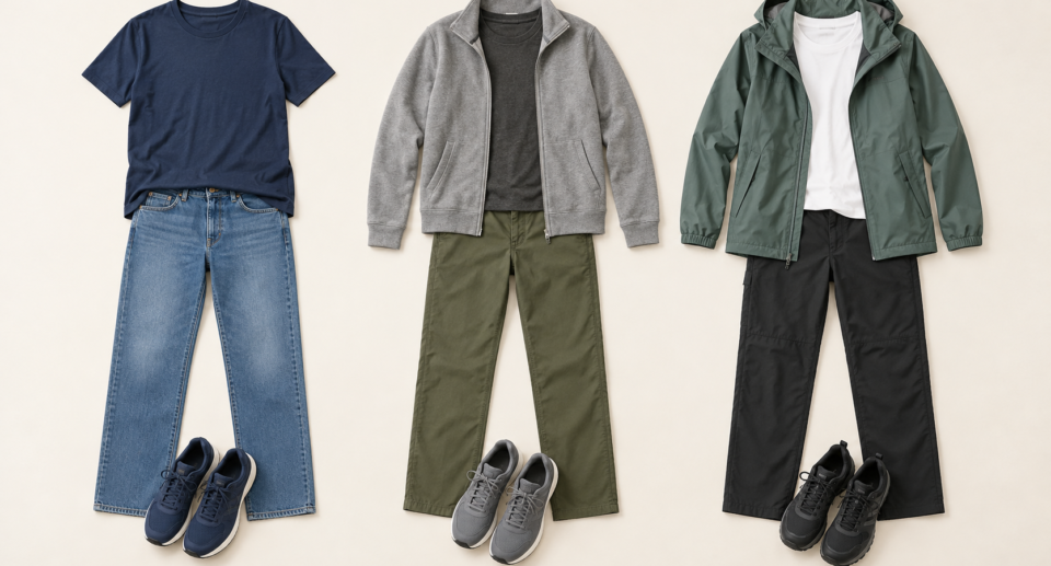 Three volunteer outfit flat lays with full-length trousers, plain tops, closed-toe trainers and optional layers.
